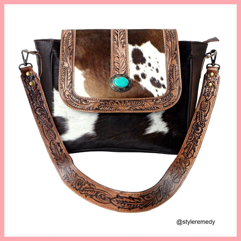 Genuine Cowhide Leather Floral Printed Crossbody Bag Multipocket Purse